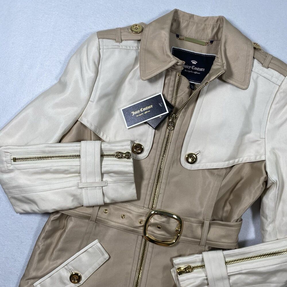 New Juicy Couture Khaki Women’s Rain Trench Coat Jacket Size Small Gold Zip $268